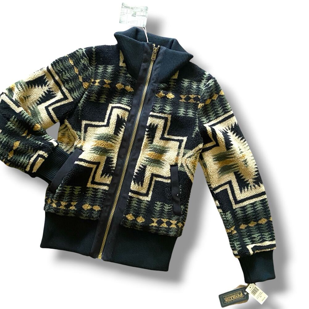 Pendleton Foxglove Fleece Bomber Jacket Sz S Black Tan Green Western Boho
